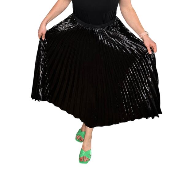 DVF Diane Von Furstenberg Black Sparkly Metallic Pleated Pull On Midi Skirt 10 - Picture 1 of 12